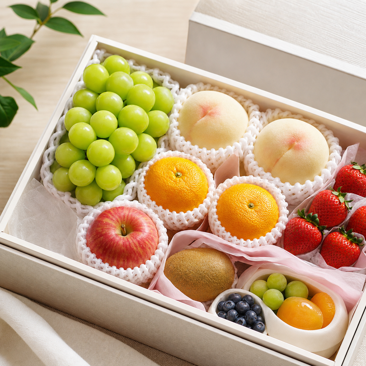 Luxury Japanese fruit gift box with grapes, peaches, citrus and strawberries