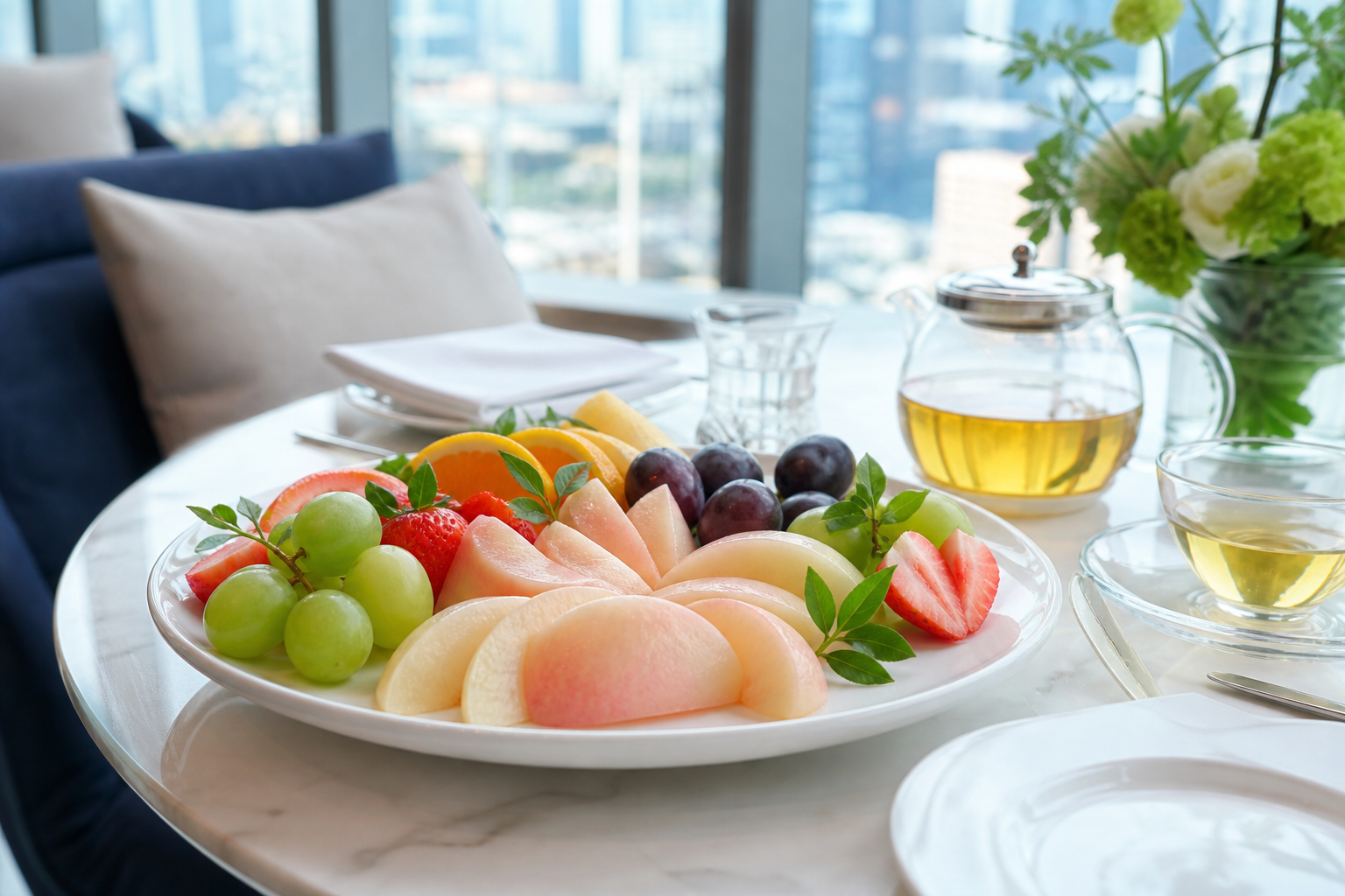 Japanese fruit tasting plate served in an upscale overseas hospitality setting
