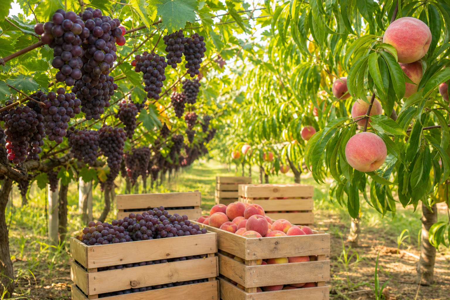 Orchard with grapes and peaches ready for harvest
